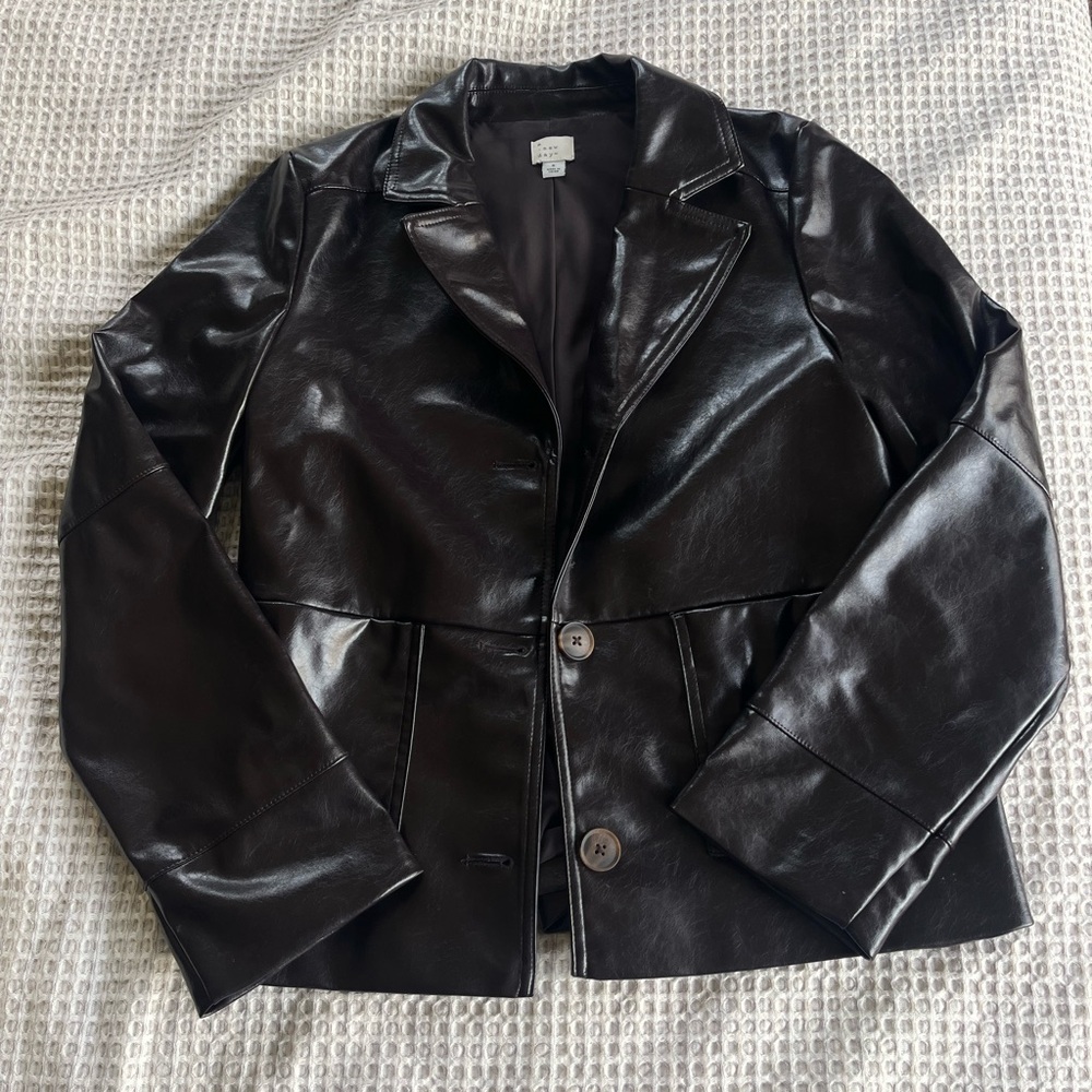 A New Day Women"s Faux Leather Jacket Front Button Full Lining Brown SIZE SMALL